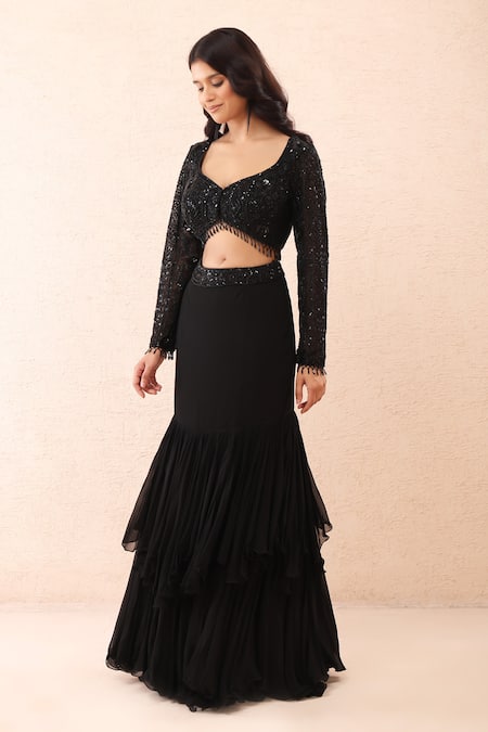 Priyanka Jain_Black Georgette, Net Sequins, Beads, Embroidered Pre-draped Saree With Blouse _Online_at_Aza_Fashions