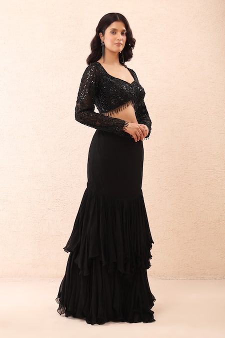 Buy_Priyanka Jain_Black Georgette, Net Sequins, Beads, Embroidered Pre-draped Saree With Blouse _Online_at_Aza_Fashions