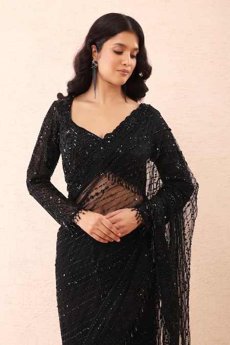 Priyanka Jain_Black Georgette, Net Sequins, Beads, Embroidered Pre-draped Saree With Blouse _at_Aza_Fashions