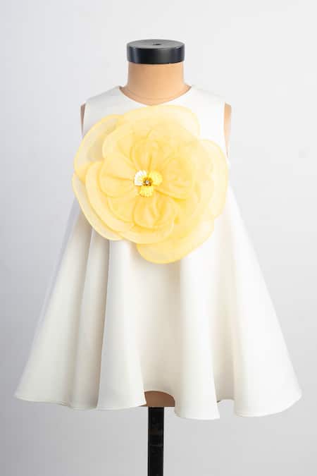 Lil Angels_White Crepe, Cotton Fabric Flowers, Beads Floral Applique Sleeveless Dress _Online_at_Aza_Fashions