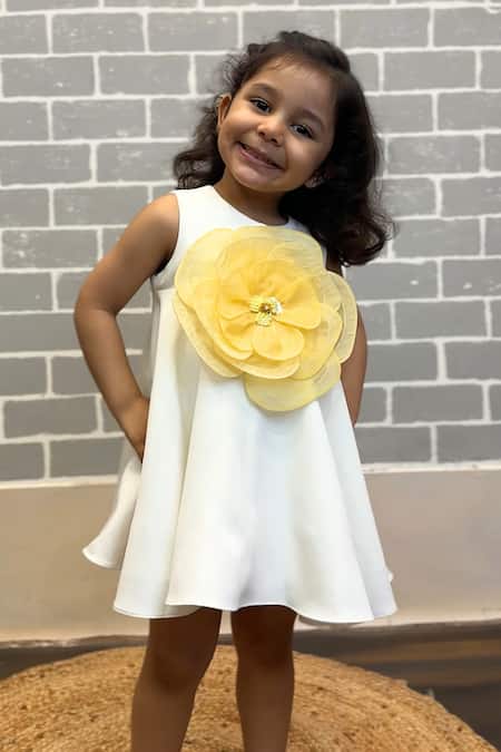 Buy_Lil Angels_White Crepe, Cotton Fabric Flowers, Beads Floral Applique Sleeveless Dress _Online_at_Aza_Fashions
