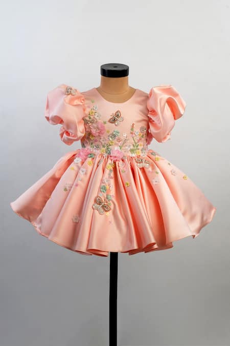 Lil Angels_Peach Satin Fabric Flowers, Floral Butterfly Embroidered Puff Sleeve Dress _Online_at_Aza_Fashions