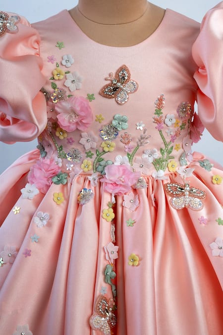 Buy_Lil Angels_Peach Satin Fabric Flowers, Floral Butterfly Embroidered Puff Sleeve Dress _Online_at_Aza_Fashions
