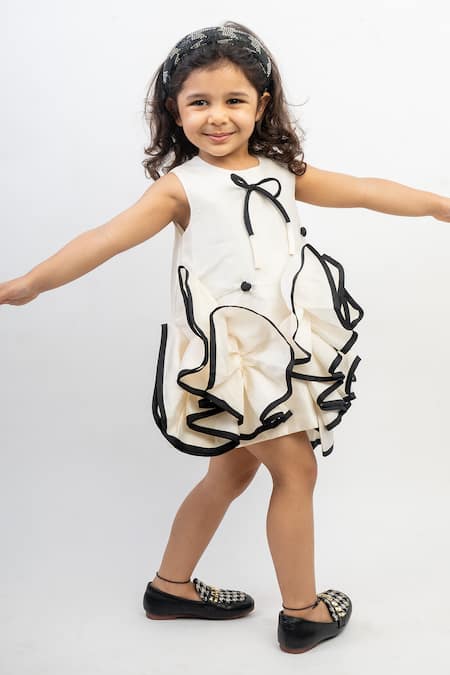 Lil Angels_Black Silk Bows, Piping Ruffled Detail Dress _Online_at_Aza_Fashions