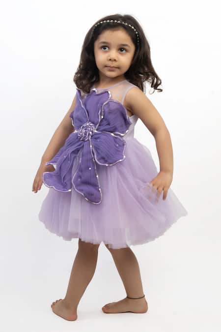 Lil Angels_Lavender Net Fabric Flowers, Sequins Floral Applique Dress _Online_at_Aza_Fashions
