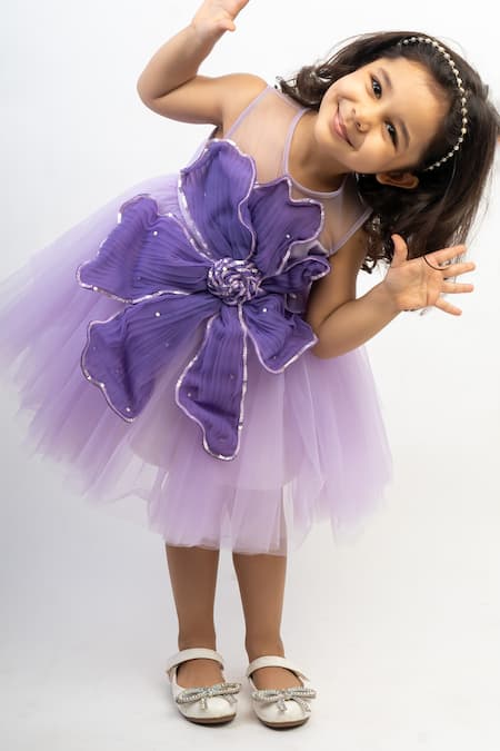 Lil Angels_Lavender Net Fabric Flowers, Sequins Floral Applique Dress _at_Aza_Fashions