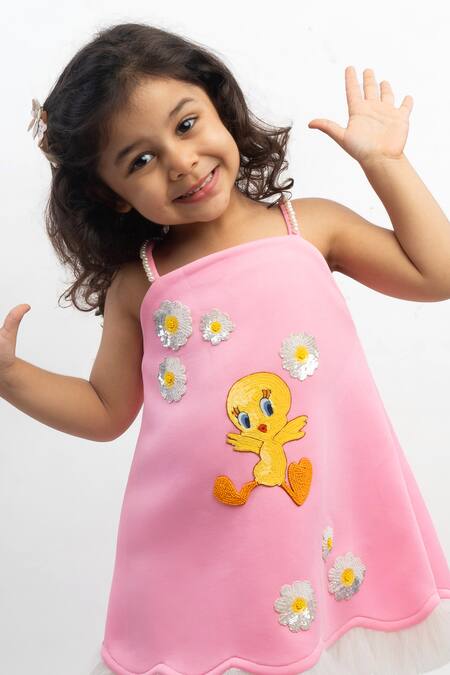 Lil Angels_Pink Applique, Sequins, Pearls Tweety Bird And Floral Dress _Online_at_Aza_Fashions