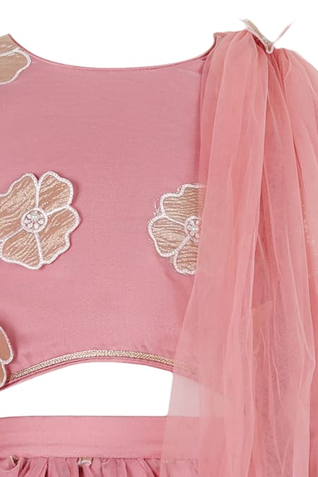 Rang By Les Petits_Pink Polyester, Satin Embroidery, Cut Work, Applique, Floral Lehenga Set _Online_at_Aza_Fashions