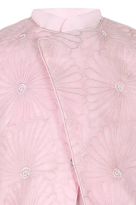 Rang By Les Petits_Pink Cotton Sequins, Embroidery Floral Nehru Jacket Set _Online_at_Aza_Fashions