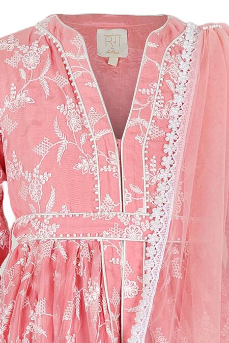 Rang By Les Petits_Pink Polyester, Satin Embroidery, Lace Floral Peplum Kurta Sharara Set _Online_at_Aza_Fashions