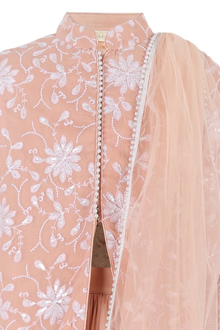 Rang By Les Petits_Peach Polyester Sequins, Tassels, Embroidery, Beads Floral Lehenga Set _Online_at_Aza_Fashions