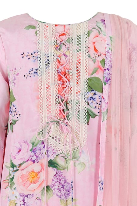 Rang By Les Petits_Pink Polyester Lace Floral Print Kurta Set _Online_at_Aza_Fashions