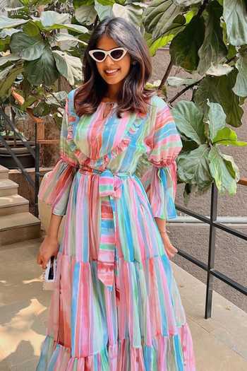 Shop Aroop Shop India Multi Color Chiffon Ruffles Open Neck Mia Stripe Print Dress Online at Aza Fashions Shop_Aroop Shop India_Multi Color Chiffon Ruffles Open Neck Mia Stripe Print Dress _Online_at_Aza_Fashions