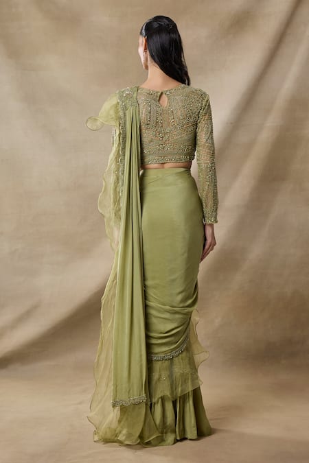 Awigna Bebin Embellished Ruffle Pre-Draped Saree With Blouse 