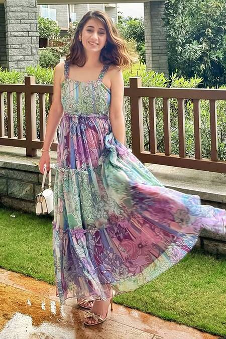 Buy_Aroop Shop India_Green Chiffon Ruffles Sweetheart Neck Cassie Fern And Fay Print Tiered Dress 