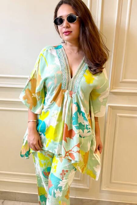 Aroop Shop India_Green Cotton, Silk Embroidery V-neck Luna Gardenia Print Kaftan Top With Pant _at_Aza_Fashions