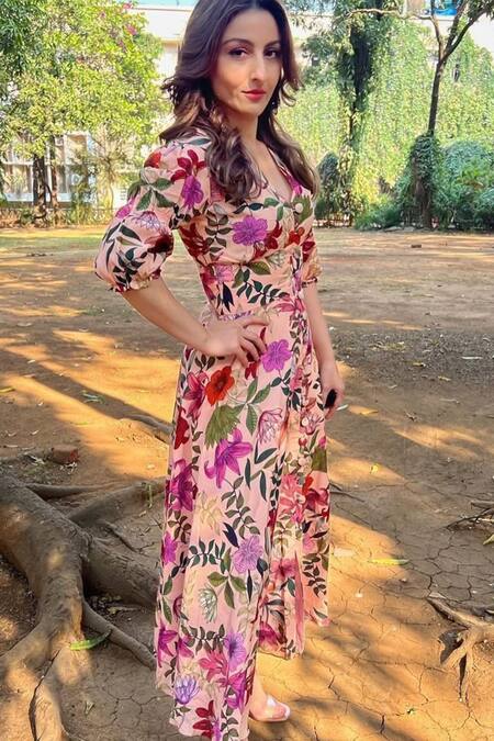 Aroop Shop India_Pink Tencel V-neck Amelia Button Down Dress _at_Aza_Fashions