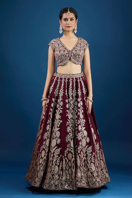Samyukta Singhania_Maroon Silk Zari, Embroidery, Mirrors V-neck Floral Pattern Lehenga Set _Online_at_Aza_Fashions