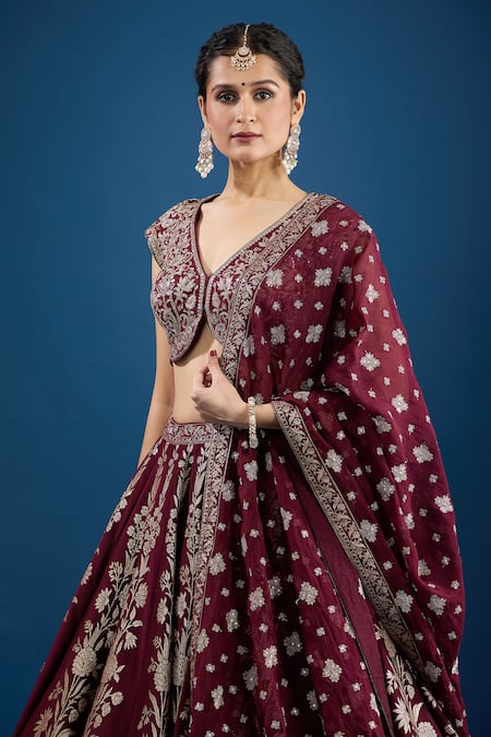 Buy_Samyukta Singhania_Maroon Silk Zari, Embroidery, Mirrors V-neck Floral Pattern Lehenga Set _Online_at_Aza_Fashions