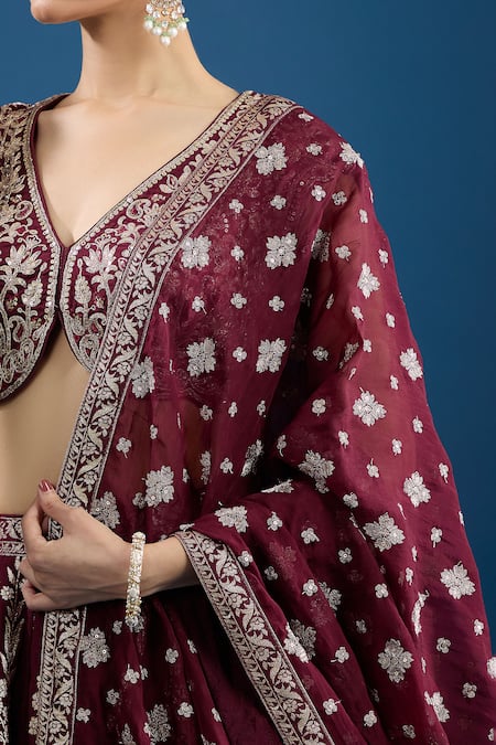 Shop_Samyukta Singhania_Maroon Silk Zari, Embroidery, Mirrors V-neck Floral Pattern Lehenga Set _Online_at_Aza_Fashions