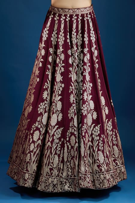 Samyukta Singhania_Maroon Silk Zari, Embroidery, Mirrors V-neck Floral Pattern Lehenga Set _at_Aza_Fashions