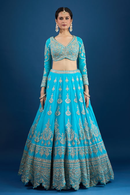 Samyukta Singhania Blue Silk Embroidery, Zari V-neck Raw Lehenga Set Online at Aza Fashions Samyukta Singhania_Blue Silk Embroidery, Zari V-neck Raw Lehenga Set _Online_at_Aza_Fashions