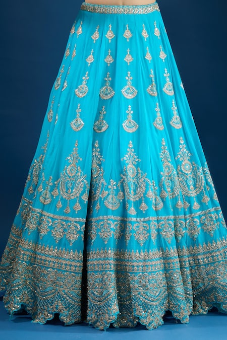 Samyukta Singhania Blue Silk Embroidery, Zari V-neck Raw Lehenga Set at Aza Fashions Samyukta Singhania_Blue Silk Embroidery, Zari V-neck Raw Lehenga Set _at_Aza_Fashions