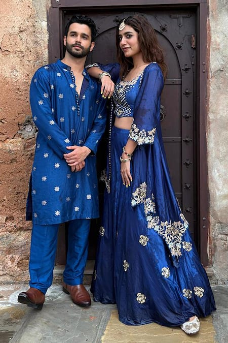 Shop_Vinita Bhansali_Blue Silk Sequins, Embroidery, Zari Round , Open Neela Phool Jacket Set 