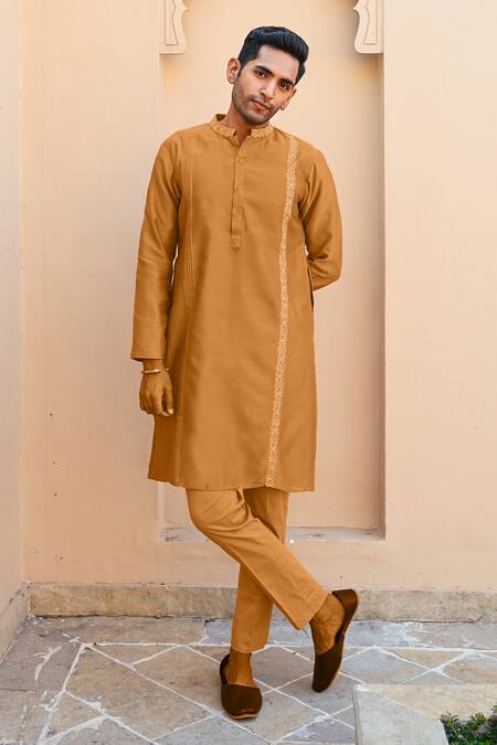 Shop_Sanvir Singh_Orange Chanderi, Cotton Zari Thread Placement Kurta Set _Online_at_Aza_Fashions