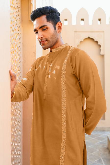 Buy_Sanvir Singh_Orange Chanderi, Cotton Zari Thread Placement Kurta Set 