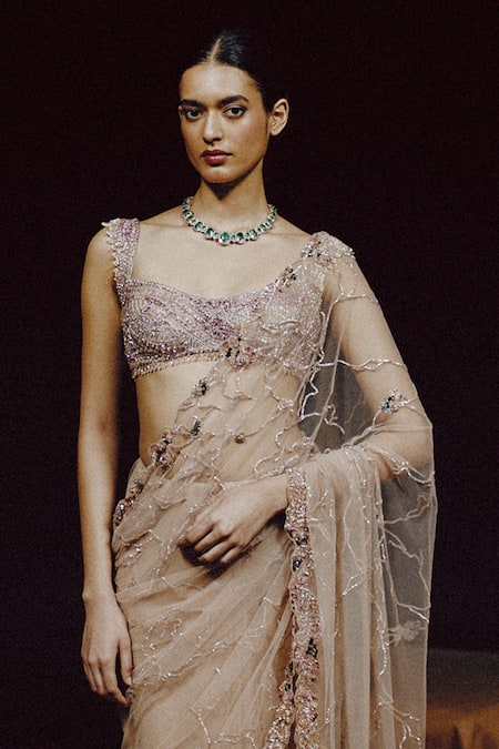 Dolly J_Beige Tulle, Net Embroidery, Beads, Aura Blush Saree Set _Online_at_Aza_Fashions