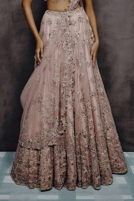 Dolly J_Pink Tulle, Net Embroidery, Sequins, Petalia Dusty Rose Lehenga Blouse Set _Online_at_Aza_Fashions