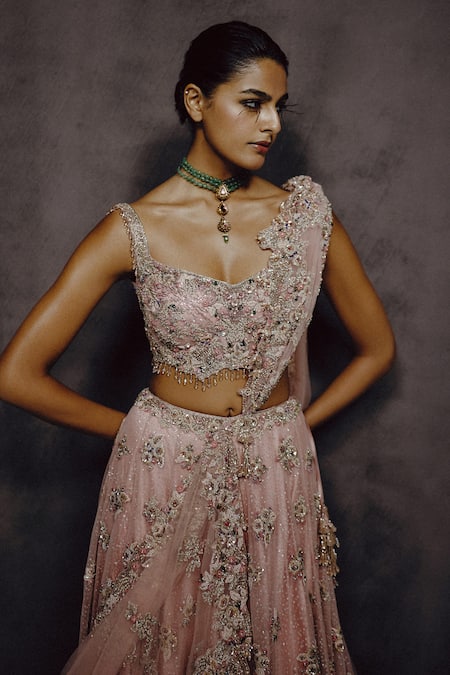 Buy_Dolly J_Pink Tulle, Net Embroidery, Sequins, Petalia Dusty Rose Lehenga Blouse Set _Online_at_Aza_Fashions