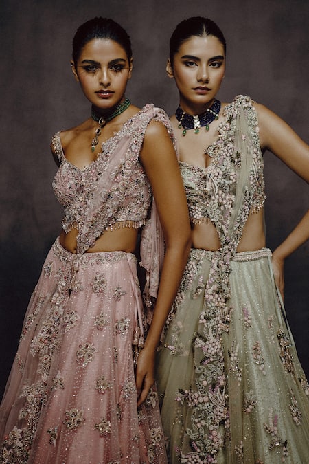 Shop_Dolly J_Pink Tulle, Net Embroidery, Sequins, Petalia Dusty Rose Lehenga Blouse Set _Online_at_Aza_Fashions