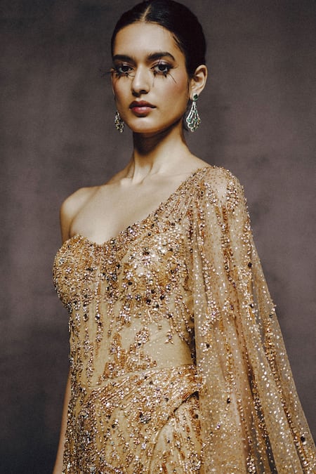 Dolly J Gold Tulle, Net Beads, Sequins, Metallic Thread Solara Ember Embroidered Gown Online at Aza Fashions Dolly J_Gold Tulle, Net Beads, Sequins, Metallic Thread Solara Ember Embroidered Gown _Online_at_Aza_Fashions