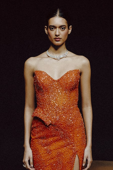 Dolly J_Orange Tulle, Net Sequins Sweetheart Neck Molten Radiance Embellished Gown _Online_at_Aza_Fashions
