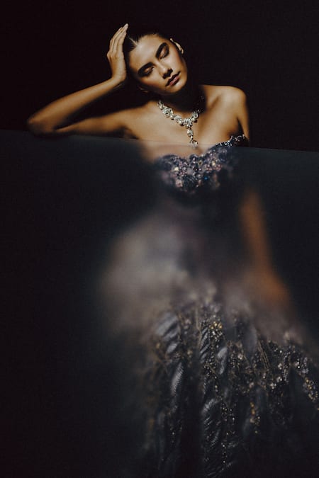 Dolly J_Organza Sequins, Feathers Bandeau Neck Nocturne Silverdust Gown _Online_at_Aza_Fashions