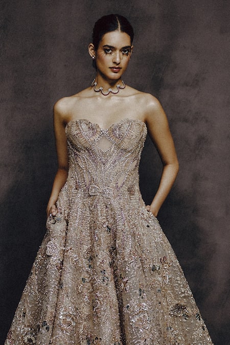 Dolly J_Beige Organza Sequins, Beads, Embroidery Opaline Bloom Floral Strapless Gown _Online_at_Aza_Fashions