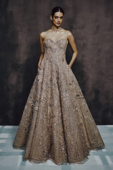 Dolly J Opaline Bloom Floral Embroidered Strapless Gown 