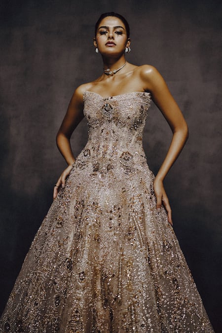 Dolly J_Grey Organza Sequins, Beads, Embroidery Golden Reverie Embellished Gown _Online_at_Aza_Fashions