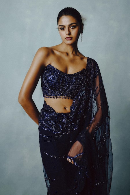 Dolly J_Navy Net, Tulle Sequins, Embroidery, Beads Twilight Embellished Saree Set _Online_at_Aza_Fashions