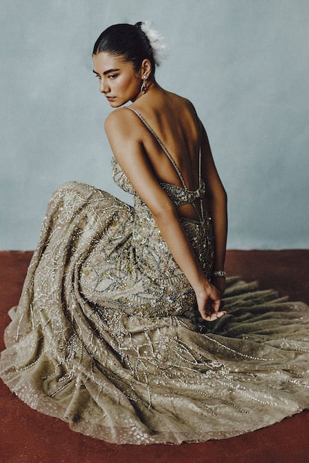 Dolly J_Green Tulle Beads, Sequins, Embroidery, Metallic Gilded Stellar Embellished Gown _Online_at_Aza_Fashions