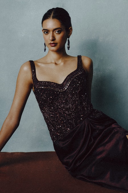 Dolly J_Wine Tulle, Silk Satin Beads, Sequins Aubergine Ember Embellished Gown _Online_at_Aza_Fashions