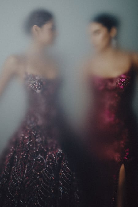 Dolly J_Red Organza Sequins Scoop Neck Celestial Plum Radiance Gown _Online_at_Aza_Fashions