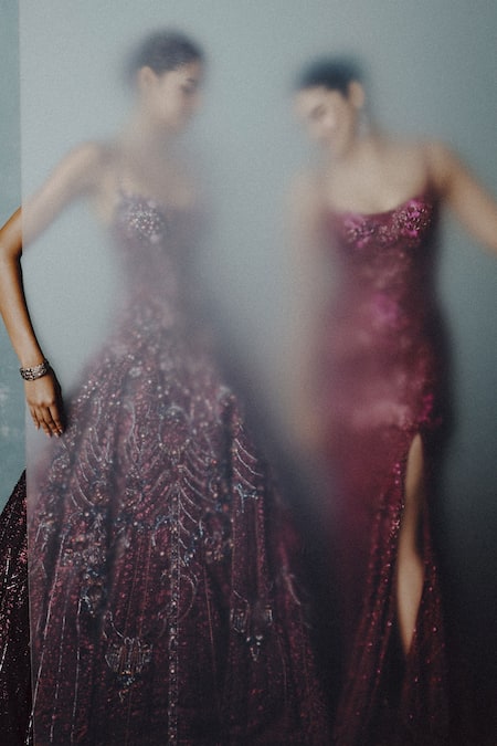 Buy_Dolly J_Red Organza Sequins Scoop Neck Celestial Plum Radiance Gown _Online_at_Aza_Fashions
