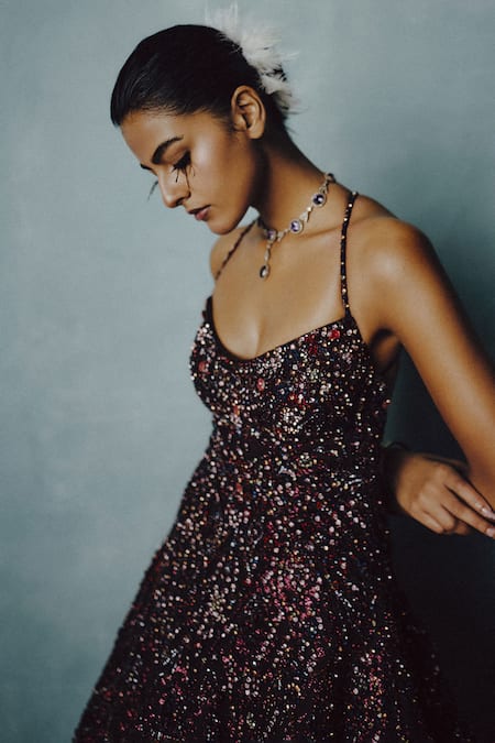 Shop_Dolly J_Red Organza Sequins Scoop Neck Celestial Plum Radiance Gown _Online_at_Aza_Fashions