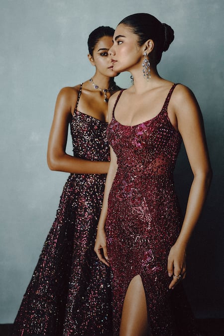 Dolly J_Red Tulle Sequins, Embroidery Scoop Neck Wine Celestia Embellished Gown _Online_at_Aza_Fashions
