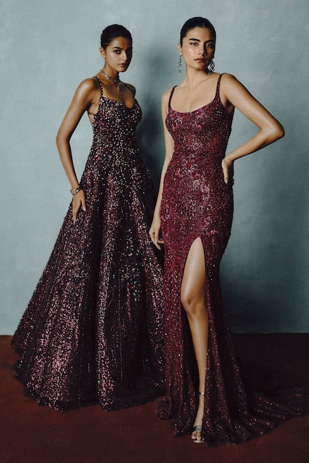 Buy_Dolly J_Red Tulle Sequins, Embroidery Scoop Neck Wine Celestia Embellished Gown _Online_at_Aza_Fashions