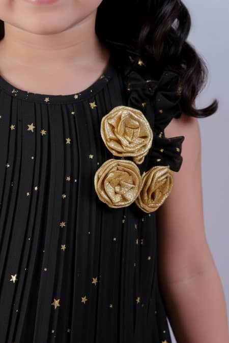 Shop_Lil Drama_Black Polyester Fabric Flowers, Foil Printing Star Pleated Dress _Online_at_Aza_Fashions