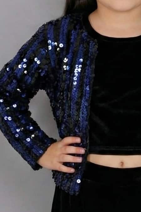 Lil Drama_Navy Velvet Sequins Striped Jacket _Online_at_Aza_Fashions
